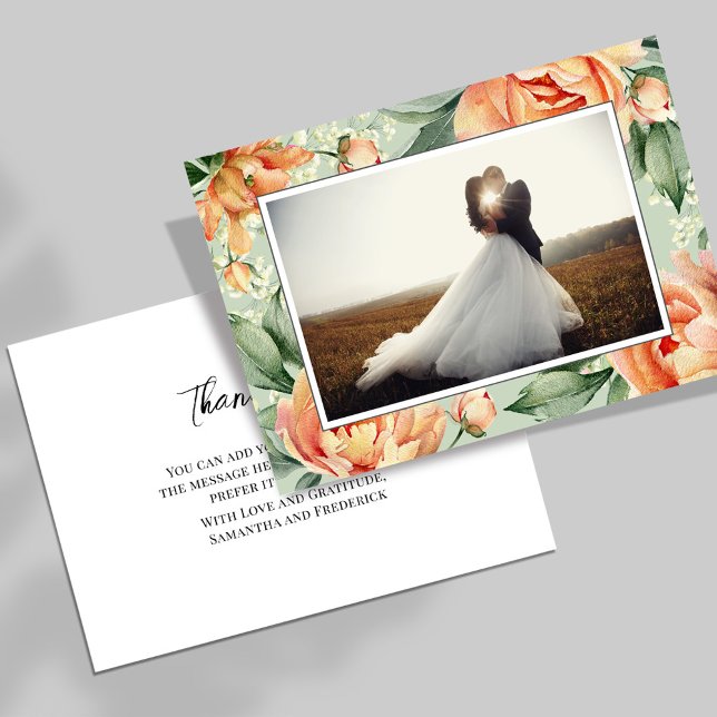 Elegant Photo Peach Floral Wedding Thank You Card (Creator Uploaded)