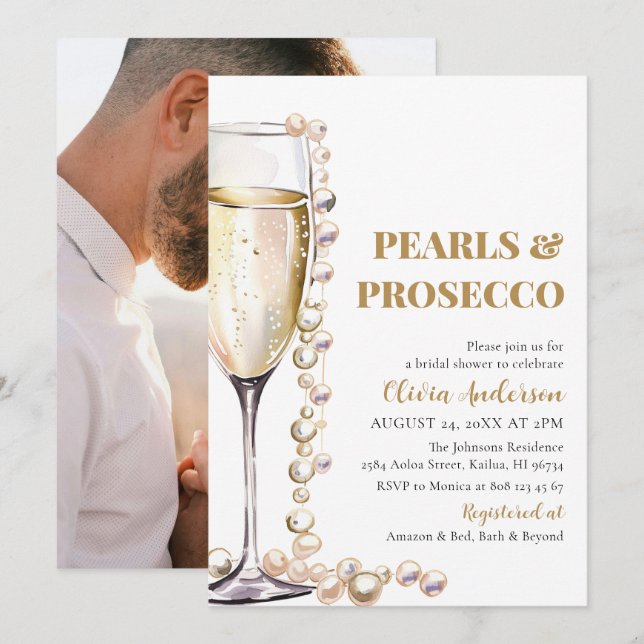 Elegant Photo Pearls and Prosecco Bridal Shower Invitation (Front/Back)