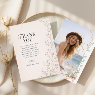 Elegant Photo Pink Bow Floral Graduation Thank You Card