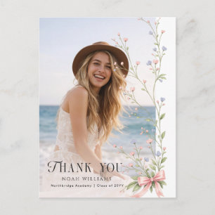 Elegant Photo Pink Bow Floral Graduation Thank You Postcard