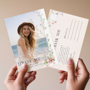Elegant Photo Pink Bow Floral Graduation Thank You Postcard