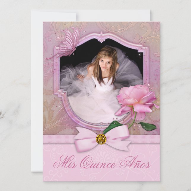 Elegant Photo Pink Butterfly Rose Quinceanera Invitation (Front)
