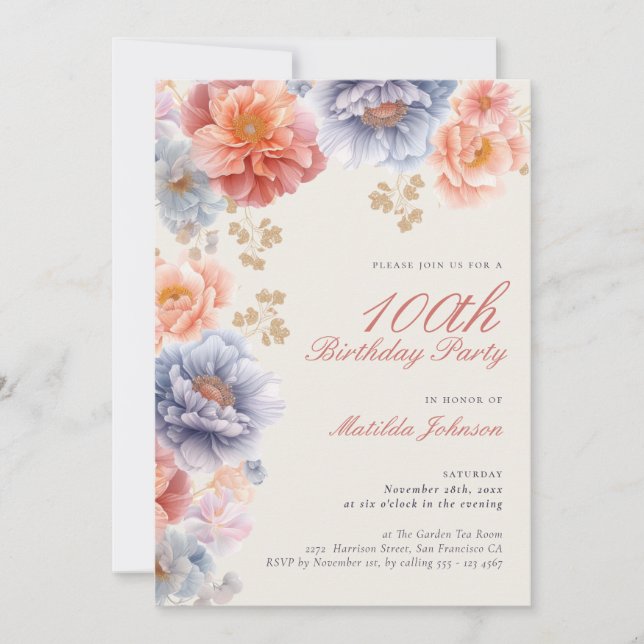 Elegant Photo Pink Floral 100th Birthday Invitation (Front)