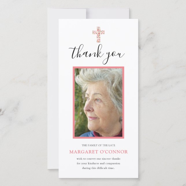 Elegant Photo Pink Floral Memorial Thank You Card (Front)