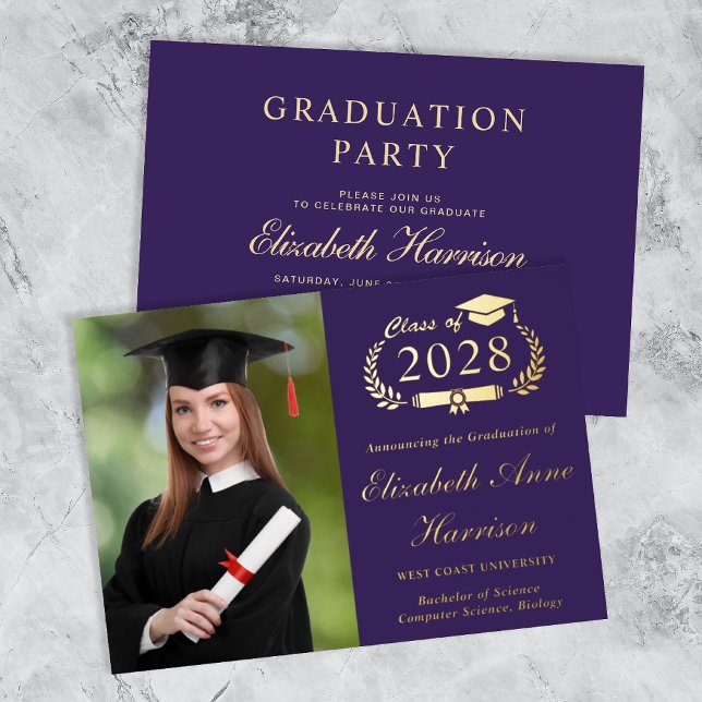 Elegant Photo Purple College Graduation Party (An elegant graduation party foil invitation to celebrate the grad's achievements)