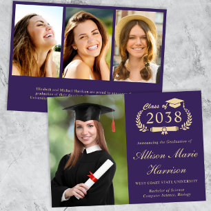 Elegant Photo Purple Gold College Graduation Announcement