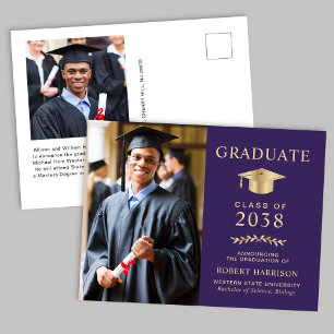 Elegant Photo Purple Gold College Graduation Announcement Postcard