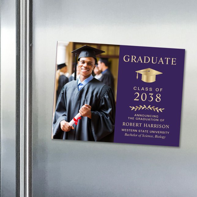 Elegant Photo Purple Gold Graduation Announcement (An elegant college graduation announcement magnet to celebrate the graduate's achievements)