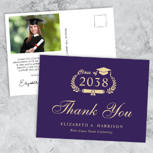 Elegant Photo Purple Gold Graduation Thank You Postcard