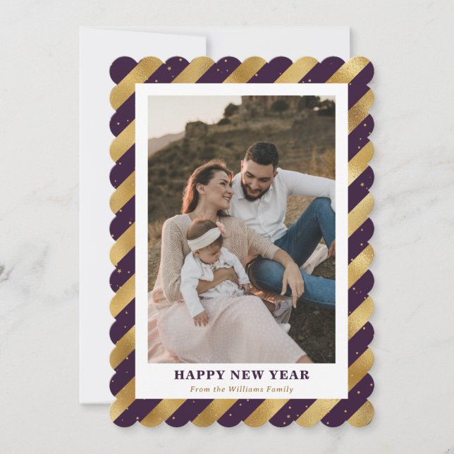 Elegant Photo Purple Gold Happy New Year Card (Front)