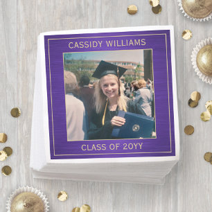 Elegant Photo Purple Gold Modern Graduation Party Napkin