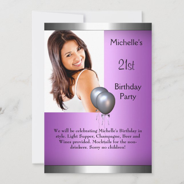 Elegant Photo Purple Pink Silver Balloon 21st Invitation (Front)