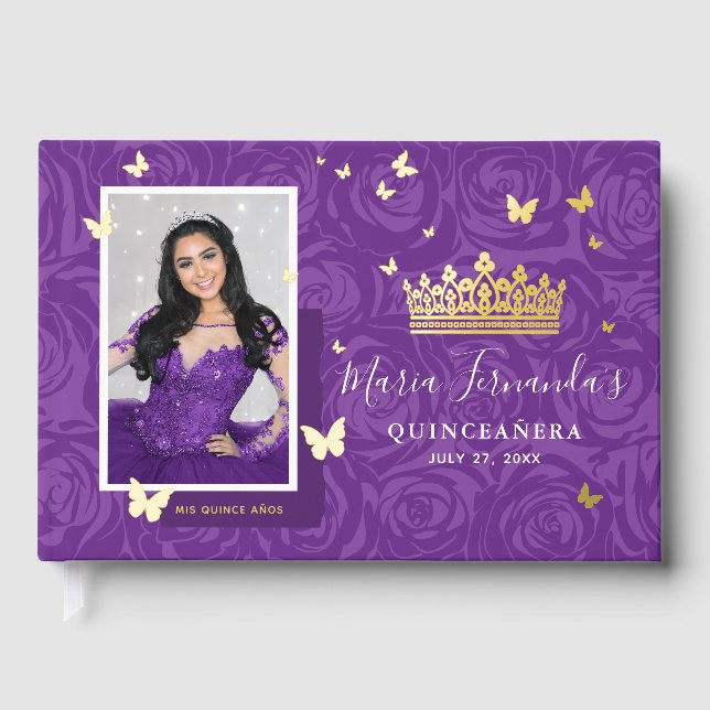 Elegant Photo Purple Quinceanera Real Gold Guest Book (Front)