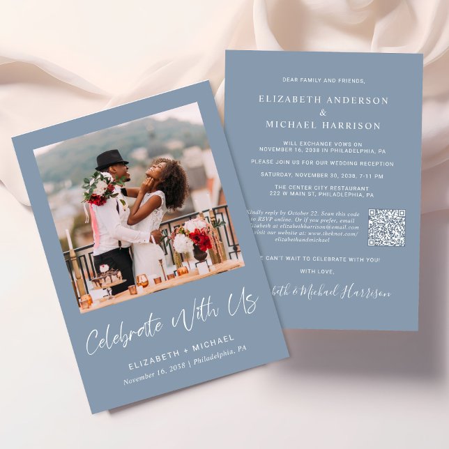 Elegant Photo QR Code Dusty Blue Wedding Reception Invitation (Creator Uploaded)
