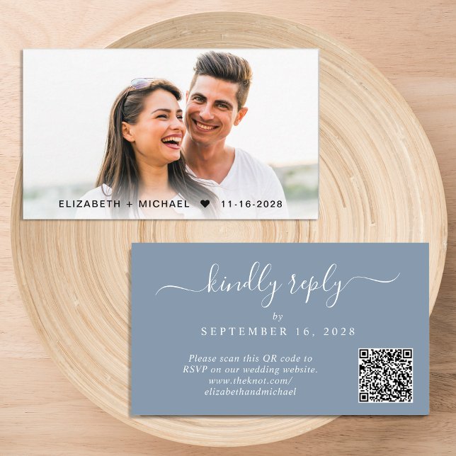 Elegant Photo QR Code Dusty Blue Wedding RSVP Enclosure Card (Our user-friendly template will generate your QR code automatically from your website address)