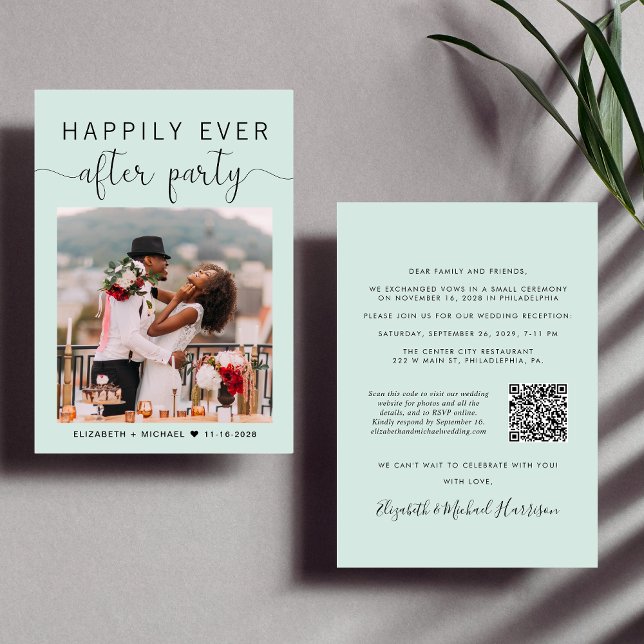 Elegant Photo QR Code Mint Wedding Reception Invitation (Creator Uploaded)