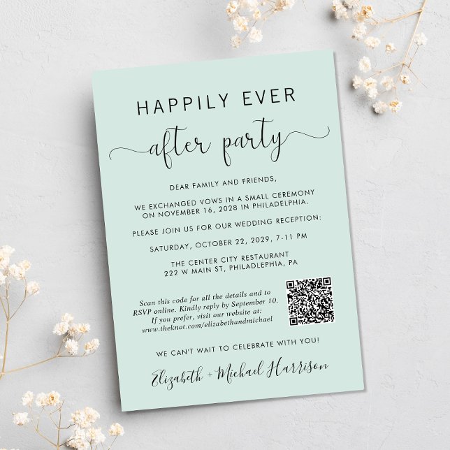 Elegant Photo QR Code Mint Wedding Reception Invitation (Input your website address to create a QR code)