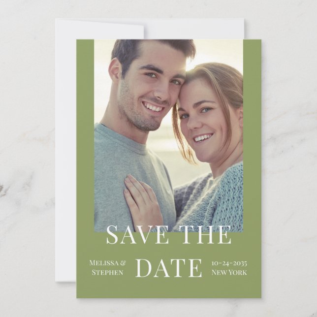 Elegant Photo QR Code Sage Green Wedding Save The Date (Front)