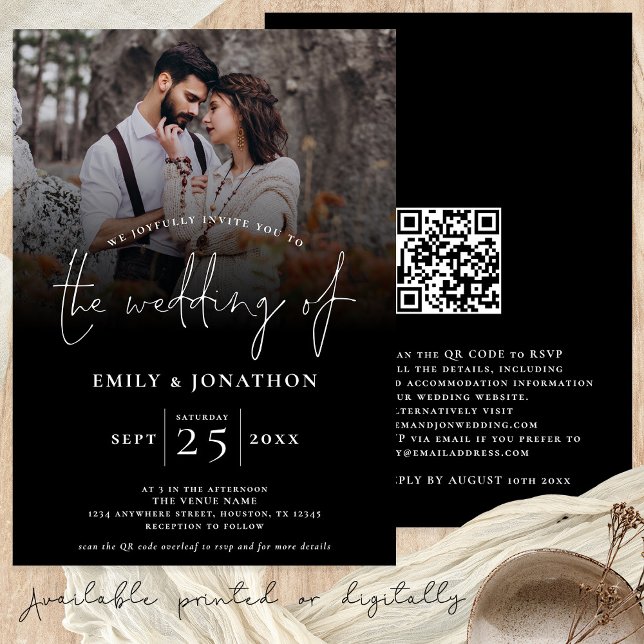 Elegant Photo QR Code Script Wedding Black Invitation (Wedding invitation with custom photo black overlay and your QR code. Available digitally or printed)
