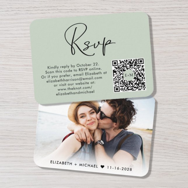 Elegant Photo QR Code Wedding Sage RSVP Enclosure Card (Creator Uploaded)