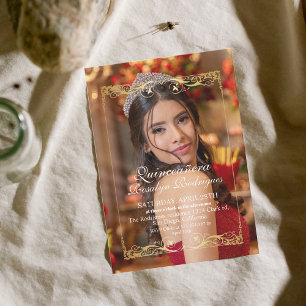 Elegant Photo Quinceanera Gold White Invitation