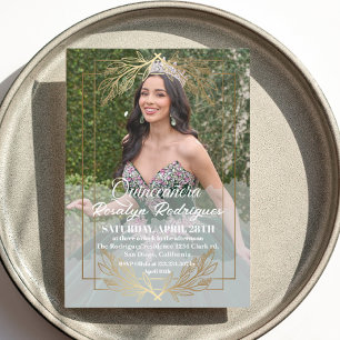Elegant Photo Quinceanera Gold White Tiara Invitation