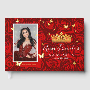 Elegant Photo Real Gold Foil and Red Quinceanera Guest Book