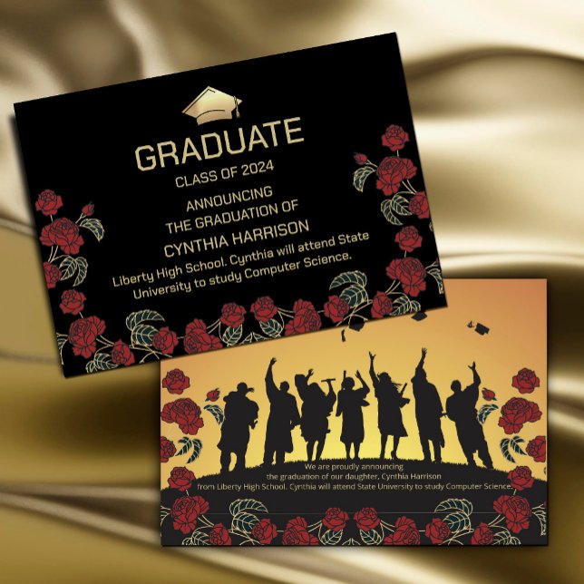 Elegant Photo Red Black and Gold  Invitation ("A touch of elegance for your gratitude! 🌷🎓 #PartyPrep #FloralAccents #RedAndGoldPalette #Red)