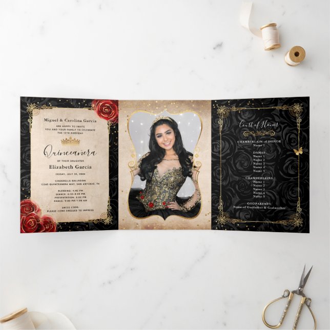Elegant Photo Red Rose Black and Gold Quinceanera Tri-Fold Invitation (Inside)