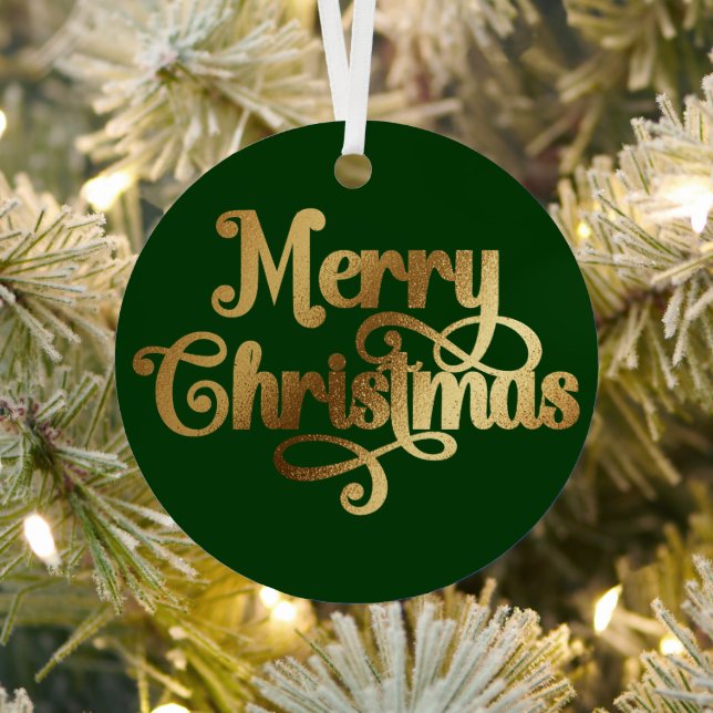 Elegant Photo Retro Green and Gold Merry Christmas Metal Tree Decoration (Insitu)