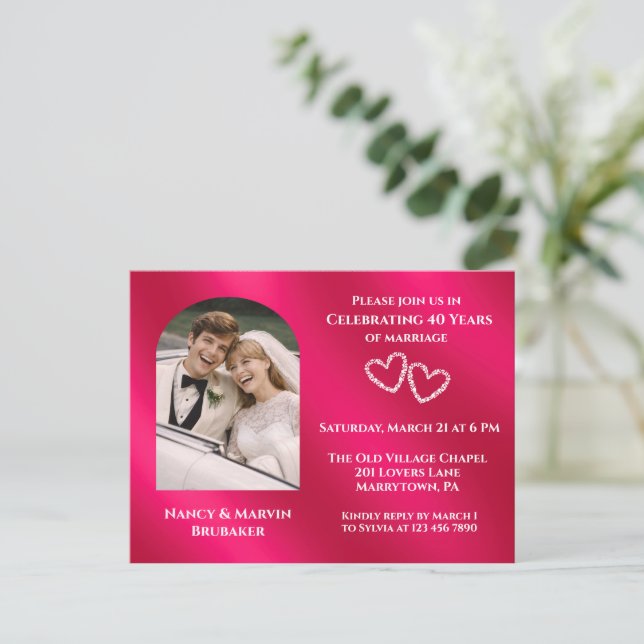 Elegant Photo Ruby 40th Wedding Anniversary Invitation Postcard (Standing Front)