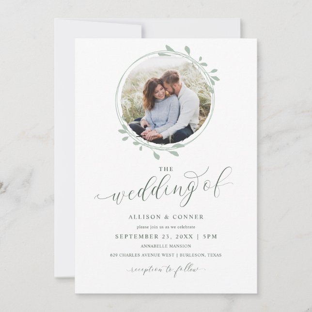 Elegant Photo Sage Wedding Romantic Script Invitation (Front)