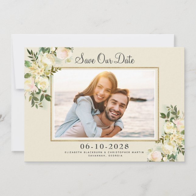 Elegant Photo Save the Date Gold Frame Floral (Front)