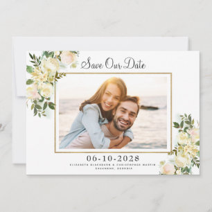 Elegant Photo Save the Date Gold Frame White