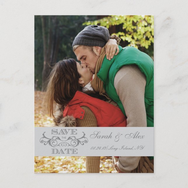 Elegant Photo Save the Date Grey Swirl Postcard (Front)