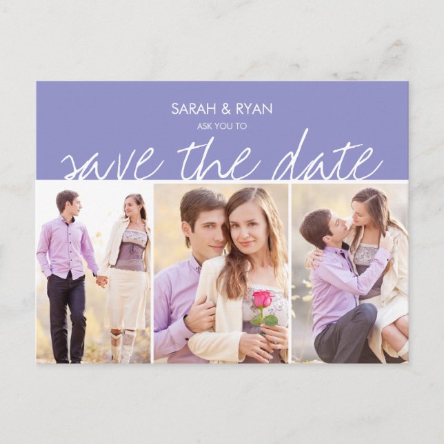 Elegant Photo Save the Date Purple Stripe Postcard (Front)