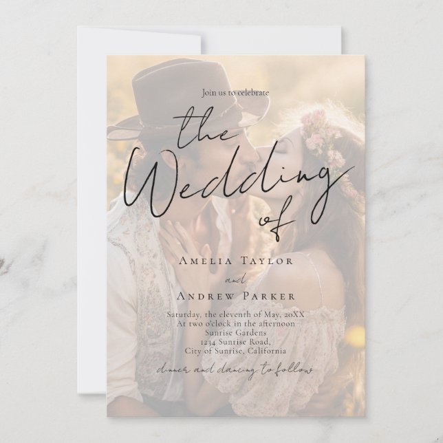 Elegant Photo Script Calligraphy QR Code Wedding Invitation (Front)