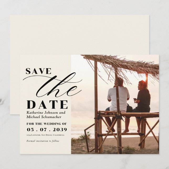 Elegant Photo script calligraphy & QR Code Wedding Save The Date (Front/Back)