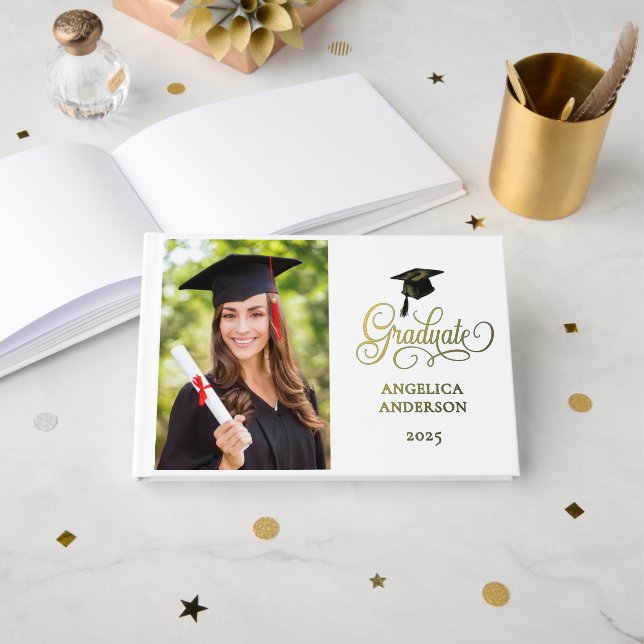 Elegant Photo Script Graduate Foil Guest Book (Front Open)