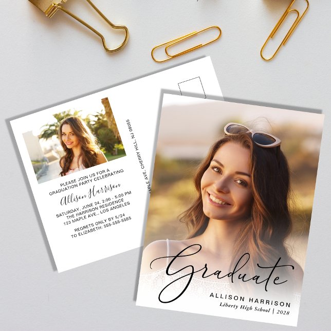 Elegant Photo Script Graduation Party Invitation Postcard (An elegant photo graduation party invitation postcard to celebrate the graduate's achievements)