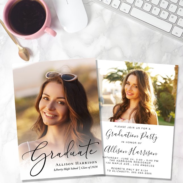 Elegant Photo Script Overlay Graduation Party Invitation (An elegant photo graduation party invitation to celebrate the graduate's achievements)
