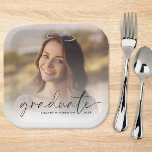 Elegant Photo Script Overlay Graduation Party Paper Plate