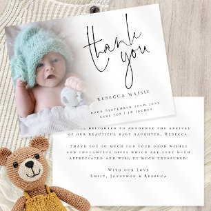 Elegant Photo Script Thank You Birth Announcement