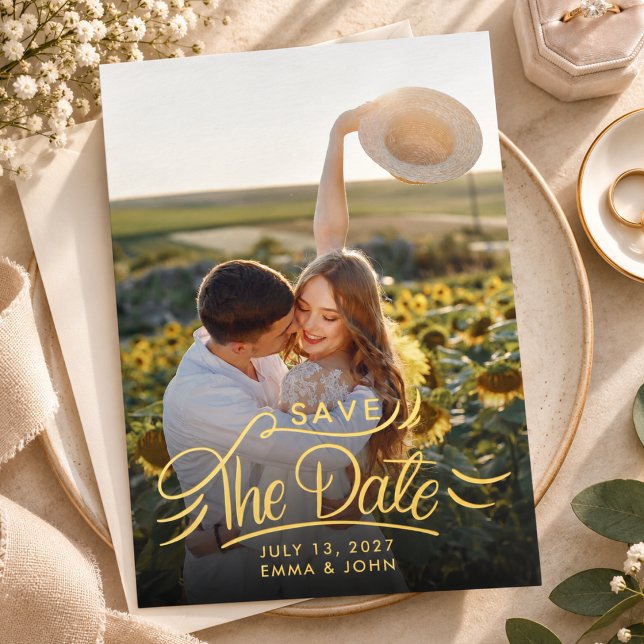 Elegant Photo Script Wedding Save the Dates Gold (gold foil script wedding save the dates)