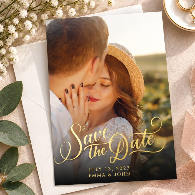 Elegant Photo Script Wedding Save the Dates Gold (gold foil script wedding save the dates)