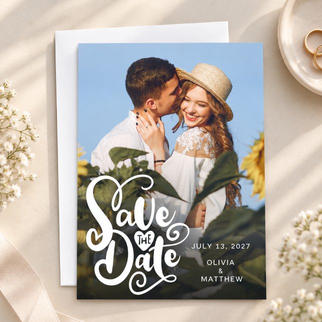 Elegant Photo Script Wedding Save the Dates Gold Date (photo save the date wedding modern elegant simple typography calligraphy script contemporary overlay)
