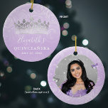 Elegant Photo Silver and Light Purple Quinceanera Ceramic Tree Decoration<br><div class="desc">Create your own elegant photo quinceanera ornaments using a beautiful floral DIY template. The unique, original art by Raphaela Wilson showcases watercolor roses in soft shades of lilac and lavender, a royal queen crown / princess tiara, and butterfly confetti. Add a custom name and celebration date to the front, and...</div>