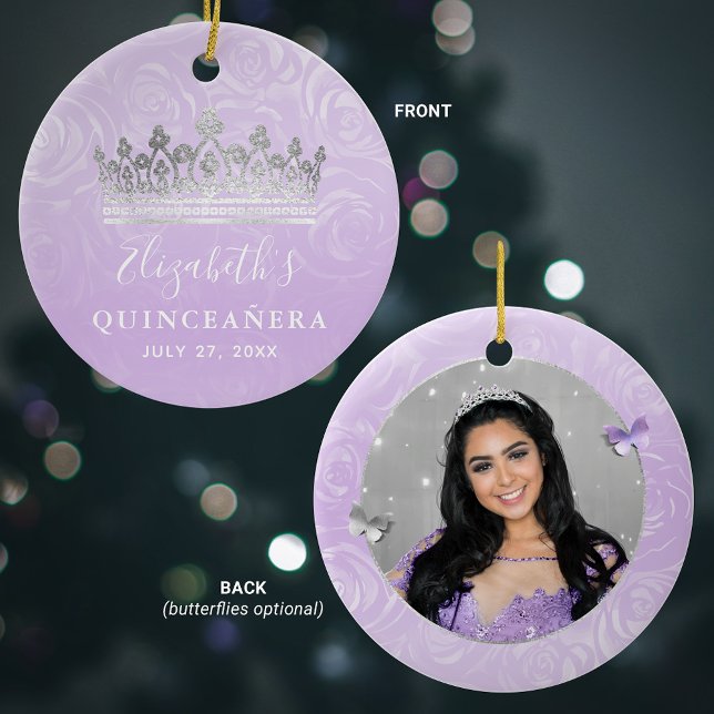 Elegant Photo Silver and Light Purple Quinceanera Ceramic Tree Decoration (Create your own keepsake light purple quinceanera ornaments, with this elegant DIY photo template.)