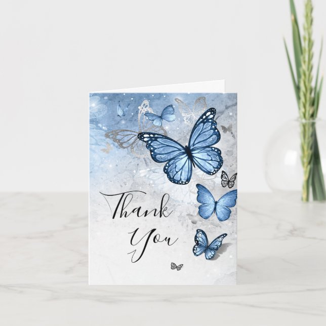 Elegant Photo Silver Baby Blue Butterfly Folded Thank You Card (Front)
