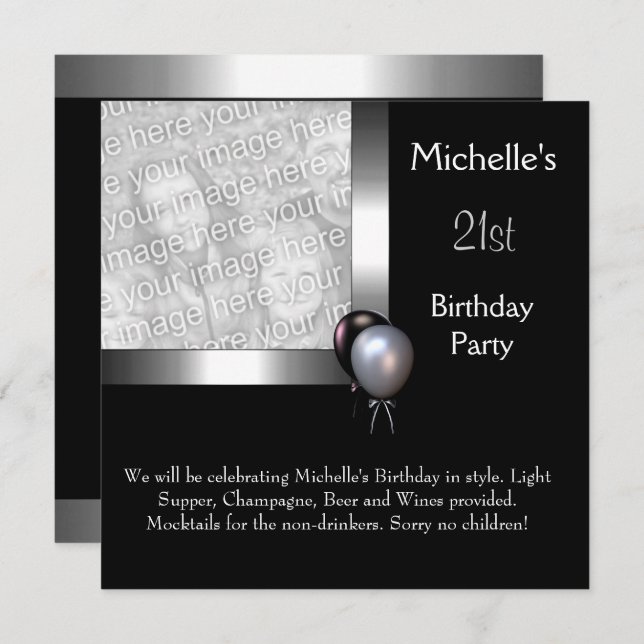 Elegant Photo Silver Black Balloon 21st Birthday Invitation (Front/Back)
